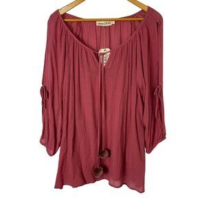 Johnny Was Calme NEW Guaze Split Sleeve Top MED Pink Guava Boho Lagenlook Poms